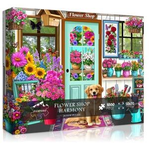 1000 Piece Floral Jigsaw Puzzle, Nature Flower Shop, Colorful Spring Garden, Dog